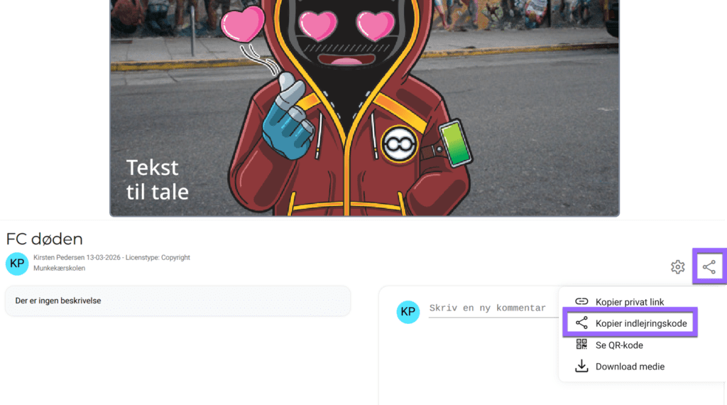 Find deleknappen og kopier koden
