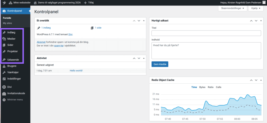 Eksempel på kontrolpanelet