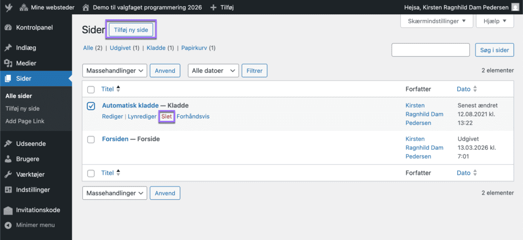 Her sletter du en side og her laver du en ny