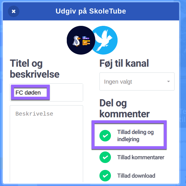 Sådan udgiver du det på Skoletube, så du kan sætte det ind på websitet.