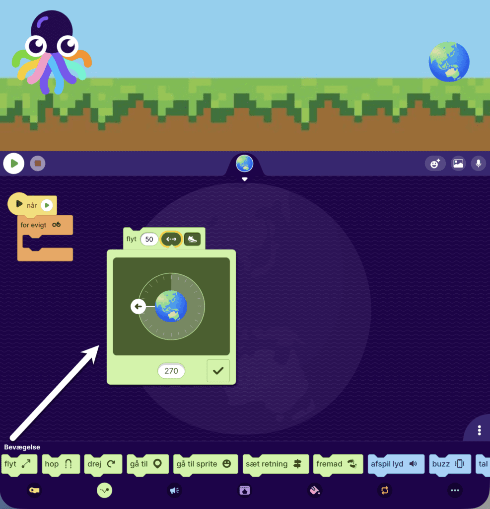 Du skal bruge denne brik og lave den om, så spriten bevæger sig mod venstre.